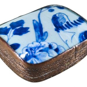 caixa porta joias oriental em metal cobreado e porcelana oriental
