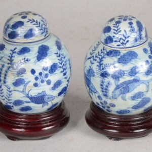 Par de pequenos potiches de porcelana oriental azul e branca